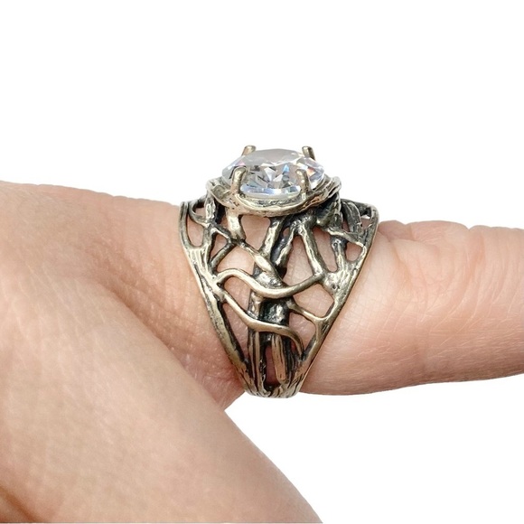 RARE Sterling Silver 925 Woven Branch Nest & Crystal CZ Boho Cocktail Ring 7 - Picture 12 of 14